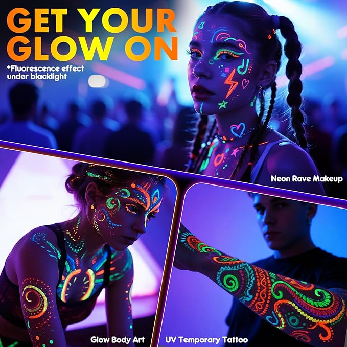 nsxsu Glow in The Dark Face Paint Markers 10 Color, Neon Body Paint Pens for Skin Fluorescent Under Black Light, Washable UV Temporary Tattoo for Birthday Glow Party Supplies Makeup Valentine Gifts