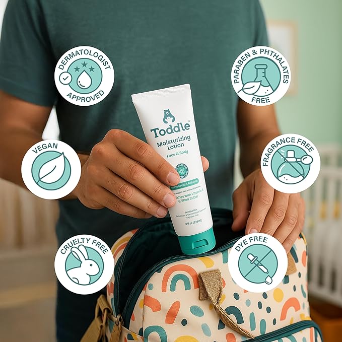Toddle Probiotic Moisturizing Lotion for Face & Body, Eczema & Dry Skin Relief, Fragrance-Free with Vitamin E, Shea Butter for Sensitive Baby & Kids Skin, Pediatrician-Approved, Travel Size 1.7oz