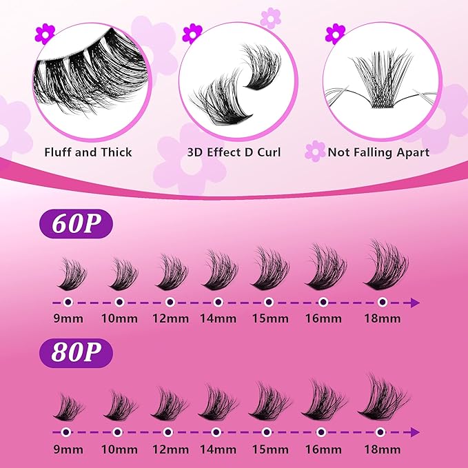 Lash Cluster 280 Pcs DIY Lash Clusters Extensions - 80D+60D Soft Wispy D Curl Eyelash Clusters for Home Makeup 9-18 mm Waterproof Cluster Eyelash Extensions