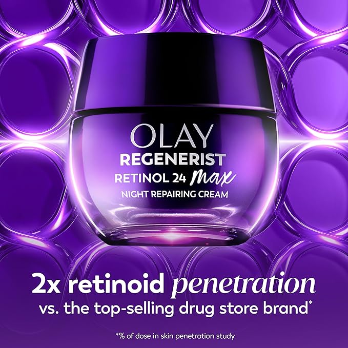 Olay Retinol Night Cream for Women, MAX, Anti-Aging Face Mousturizer, Fragrance-Free, Non Greasy Anti-Wrinkle, Smooth Fine Lines, Hydrating Skin Triple Collagen Cream, Niacinamide, 1.7oz (Pack of 2)