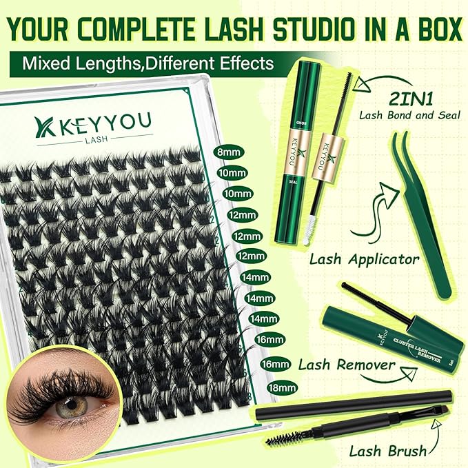 DIY Lash Extension Kit KEYYOU 144pcs Lash Clusters Eyelash Extension Kit with Mascara Brush Bond and Seal Lash Glue Remover Lash Applicators Lash Brush for DIY Lash Extensions (Y24 KIT)