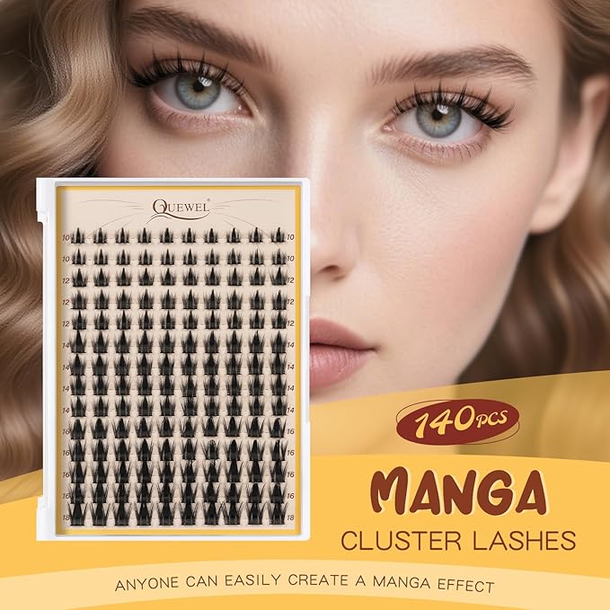 QUEWEL Manga-Lash-Clusters, 140pcs Lash-Clusters Mix10-18mm Wispy Natural Invisible Band Eyelash Clusters for DIY Cluster Eyelash Extensions(Manga DH)