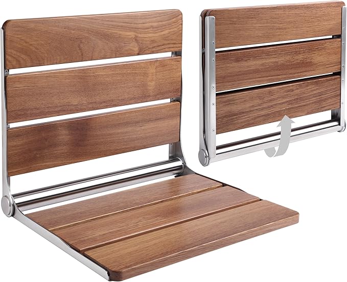 Homewell 18" Folding Shower Seat - Wall Mounted Burmese Teak Wood Shower Seat, 330lbs Capacity - Foldable Shower Chair for Extra Comfort, Seniors, Pregnant & Multi-Purpose Use (Stainless Steel)