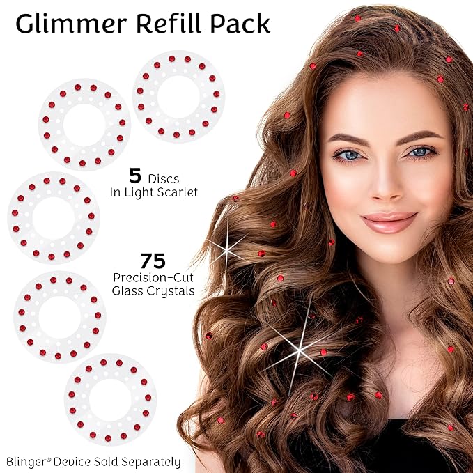 blinger® Shimmer Crystal Refill Pack – as seen on Shark Tank | 5 Discs – 75 Precision-Cut Glass Crystals | Hair-Safe Accessories | Styling Tool Not Included| Light Scarlet 4 mm