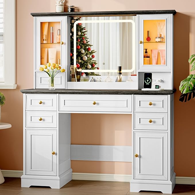 Vanity Desk with HD Lighted Mirror & Power Outlet, Farmhouse Makeup Vanity Table Set with Storage Drawers & RGB Cabinets, Large Dressing Table with 3 Lighting Modes for Women Girls Kids Bedroom, White