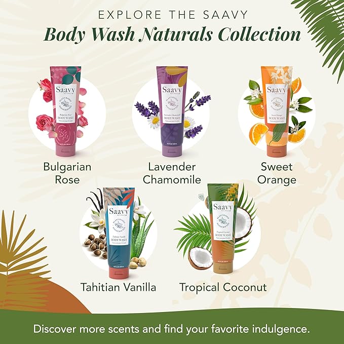 Saavy Naturals Body Wash Tropical Coconut Plant-Based Ingredients - Made In Usa - Sensitive Skin Body Wash, l Organic & Vegan Formula With Coconut Oil, Shea Butter, And Aloe Vera - 8.5 Fl Oz, 2 Pack