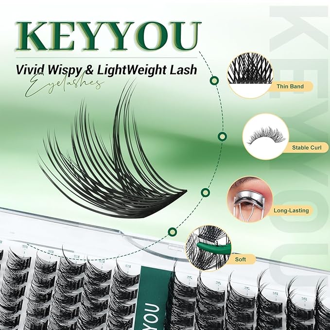 Lash Clusters 96pcs Individual Lashes D Curl 18mm Cluster Lashes KEYYOU Volume Wispy Lash Extension Soft&Comfortable Easy DIY at Home(Y03 D-18mm)
