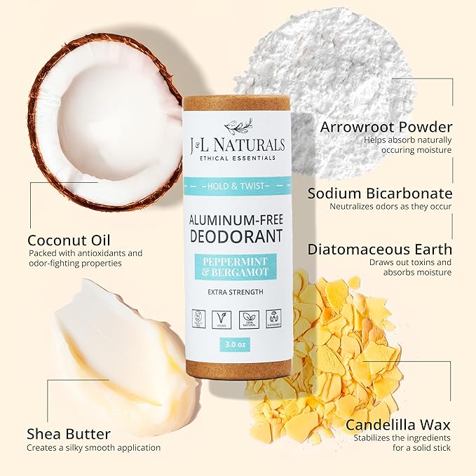 J&L Naturals Aluminum Free Deodorant for Men & Women | 100% Natural Ingredients With Coconut Oil, Shea Butter, & Essential Oils | Sustainable, Eco-Friendly (Peppermint & Bergamot, 3.0 Oz (Single))