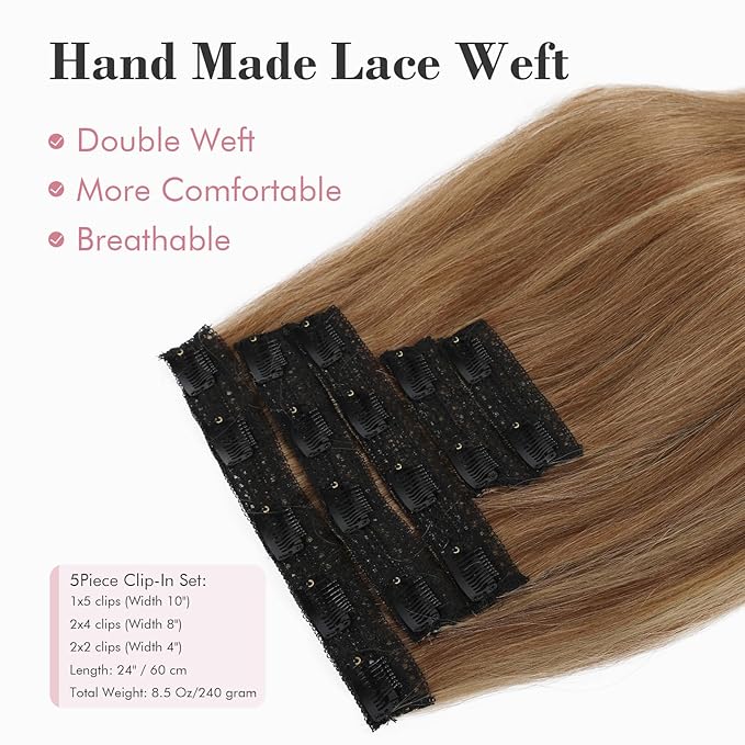 REECHO Clip in Hair Extensions, Hair Extensions Thick Long Lace Weft Lightweight Synthetic Hairpieces for Women 24 Inch-240 Gram(Pack of 5), Light Brown with Highlights
