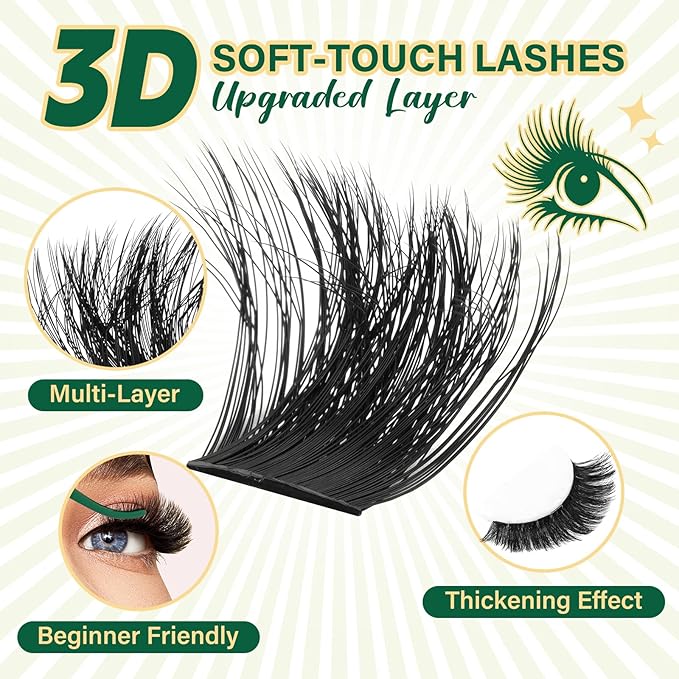 KEYYOU lash Clusters Kit 3D Effect Eyelash Clusters Kit 182pcs 200D 9-18MIX D Curl Individual Lashes Kit Wispy Lashes Volume Cluster Lashes Kit Soft DIY Lash Extension Kit (3D Kit-200D-D-9-18MIX)