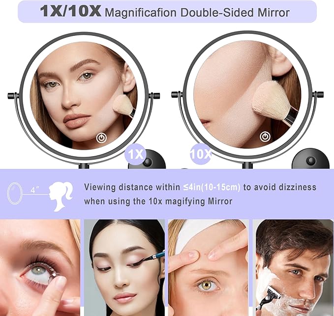 8“Wall Mounted Makeup Mirror With Lights, 10x Magnifying Mirror Wall Mount for Vanity, Bathroom and Shaving, Rechargeable Wall Mounted Makeup Mirror Swing Arm with Adjustable Brightness (Black-10X)