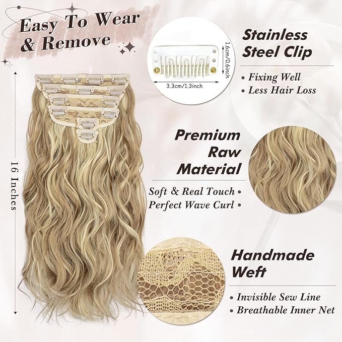 BARSDAR Light Ash Blonde Mix Clip in Hair Extensions - 6PCs Beach Wavy Blonde Highlight Clip in Hair Extensions for Women - 20 Inch Thick Soft Synthetic Clips on Hairpieces Daily Party Halloween