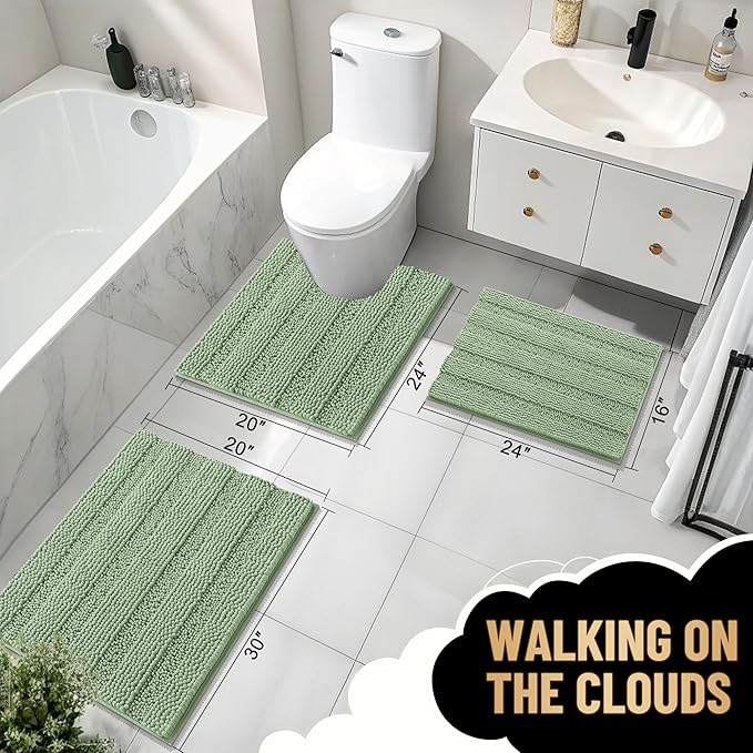 OLANLY Thick Bathroom Rugs 24x16, Extra Soft Absorbent Chenille Striped Bath Rugs, Rubber Backing, Machine Wash Dry, Bath Mats for Bathroom Floor, Tub and Shower, Home Decor Accessories, Sage Green