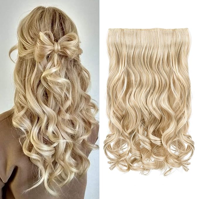 REECHO 20" 1-Pack 3/4 Full Head Curly Wave Clips in on Synthetic Hair Extensions HE008 Hairpieces for Women 5 Clips 4.5 Oz per Piece - Medium Blonde with Pale Highlights