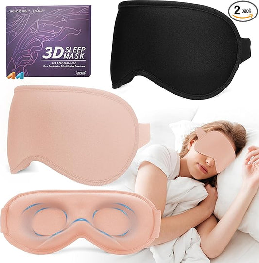 3D Sleep Mask for Men Women 2 Pack, Blackout Eye Mask for Sleeping Eye Mask for Side Sleeper, Memory Foam Adjustable&Washable, Airplane Travel Essentials Couples Yoga Meditation Office Black & Pink