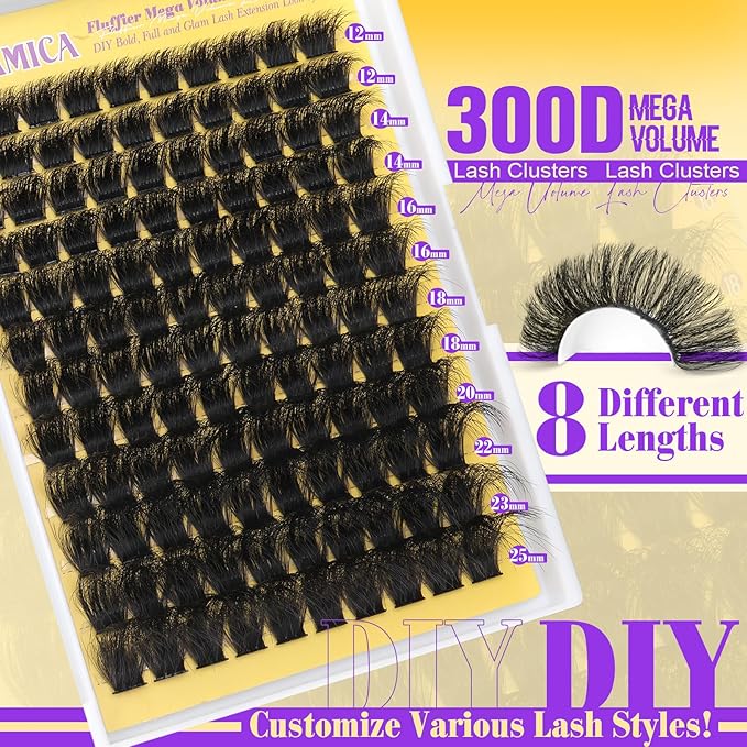 Yawamica Fluffy Lash Clusters Mega Volume Eyelash Clusters 12-25mm Long Thick Cluster Eyelash Extensions Wispy Individual Lashes D Curl Cluster Lashes for Instant Dramatic Lash Extension (DIY at Home)
