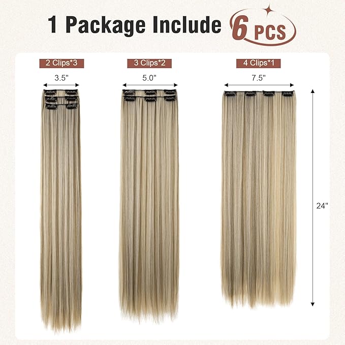 FLUFYMOOZ 6PC Clip in Hair Extensions 24" Straight Long Extensions for Women Synthetic Hairpiece (Ash Brown with Blonde Highlights)