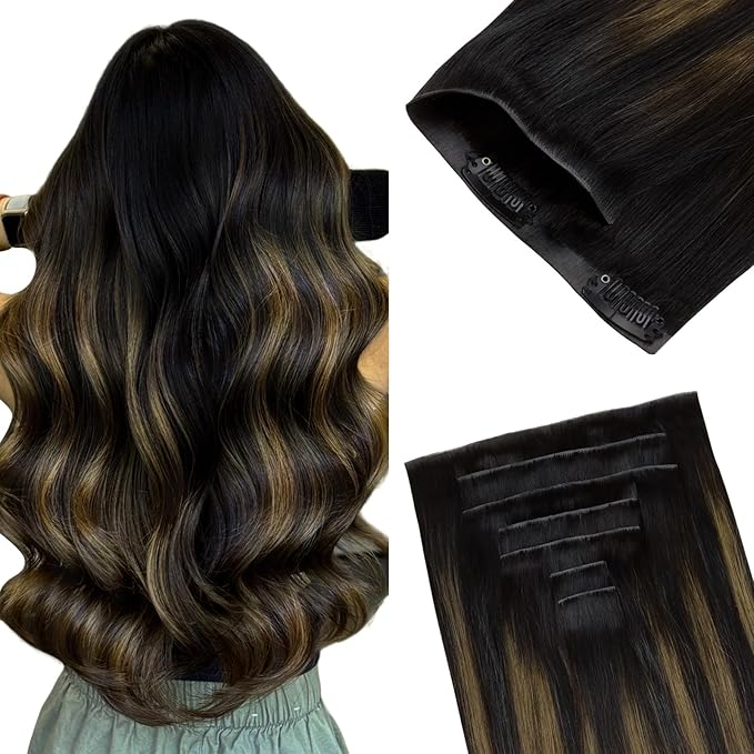 GOO GOO Invisi Edge Clip in Hair Extensions 24inch 120g 7Pcs Injected Seamless PU Clip in Hair Extensions, Virgin Real Human Hair, 1B/6/1B Balayage Natural Black to Chestnut Brown