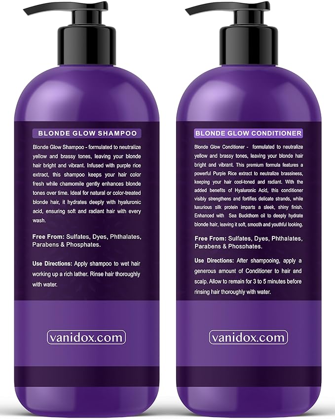 VANIDOX Sulfate Free Brass Toning Purple Shampoo and Conditioner Set for Blondes, Brown Highlighted, or Bleached Hair, Shampoo for Blondes Infused with Purple Rice Extract (16 fl oz each)
