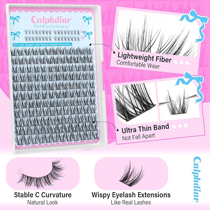calphdair Natural Lash Clusters with Bottom Lashes DIY Wispy Cluster Eyelash Extensions C-curly Individual Lashes 11-13mm Short Eyelash Clusters Manga Cluster Lashes with Bottom Lash Extension 164pcs