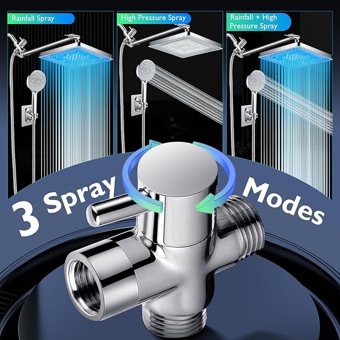 PinWin Shower Head, 8'' Dual Rain Shower Head with 11'' Adjustable Extension Arm, 7-Setting High-Pressure Handheld Combo, Rainfall LED Shower Head Water Temperature Controlled Color Changing,Chrome