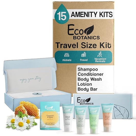 Eco Botanics Amenity Kit | Boxed Hotel Toiletries | Bulk Set .85 oz Travel Size Shampoo, Conditioner, Lotion, Body Wash & Body Bar Soap for Guest Hospitality AirBnB/Vacation Rentals | 15 sets per case
