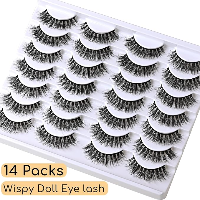 Lashes False Eyelashes Natural Lashes Wispy 14 Pairs Fake Eyelash Reusable Lash Strips Fluffy Eye Lashes Pack Short Mink Strip Lashes Natural Look Wispies Cateye Lashes for Women