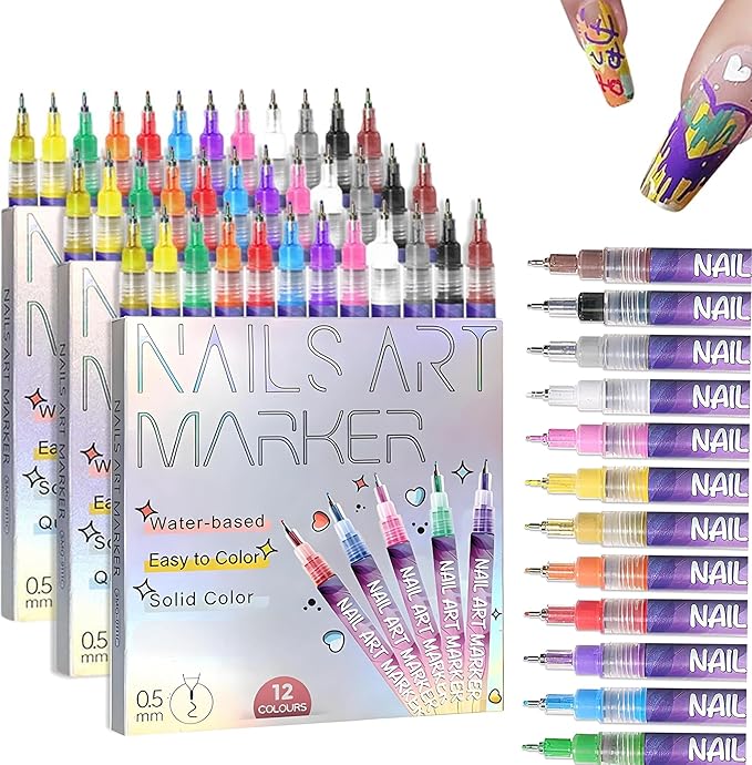 12 Colors Nails Art Pens Set,Nails Art Markers for Kids,Nails Art Markers Polish Pen for 3D Nails Art,DIY Nails Art Marker Drawing Painting Liner Pen,Portable Nails Art Tools (C-3 Sets)