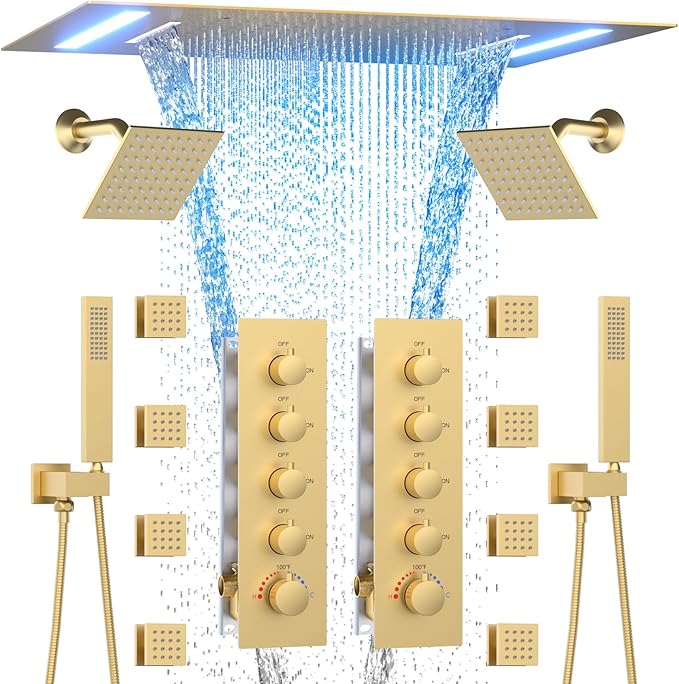 HOMEDEC Dual Shower System for Two, LED 14x20" & 6" Shower Heads, 4-Way Diverter Valves, Shower Faucet Set with Body Jets & Handheld, Brushed Gold