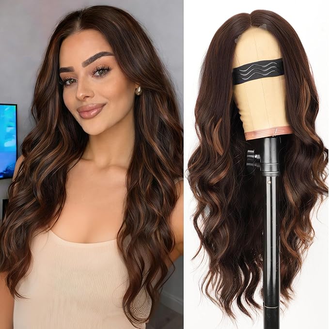 AISI HAIR Chocolate Copper Brown Mixed Light Brown Wig for Women, Long Wavy Lace Hairline Middle Part Synthetic Heat Resistant Wig for Daily Party-26 Inch
