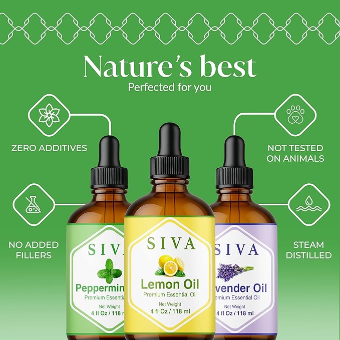 Siva Lemon, Peppermint and Lavender Essential Oil 4oz Bundle Super Saver Combo – Premium Grade Value Set for Aromatherapy, Skincare and Haircare
