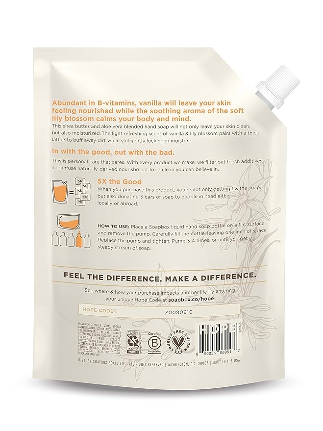 Soapbox Liquid Hand Soap Refill, Vanilla Bean, Gentle & Moisturizing Hand Wash for Kitchen and Bathroom, Vegan & Cruelty Free, 64oz Half Gallon Refill (Pack of 1)