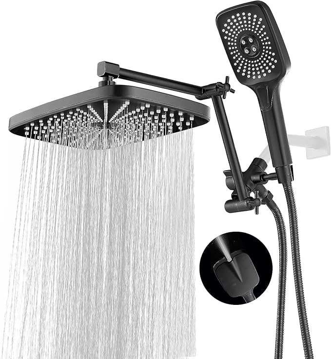 Jcrob High Pressure Rain Shower Head with Handheld Spray Combo, 12 Inch Rainfall Shower Heads with Adjustable Extention Arm, Wide Dual Waterfall Showerhead with 3-Way Diverter(Matte Black)
