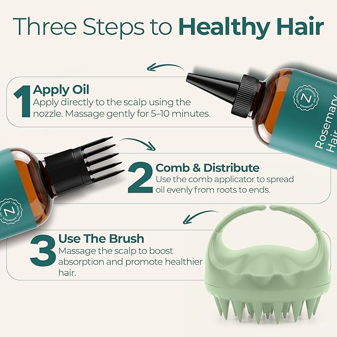 Organic Rosemary Coconut Oil + Head Massager Hair Growth Set — Strengthening Biotin Hair Thickening Serum – Dry Scalp, Frizzy, Damaged Split Ends Treatment – Color Safe, All Hair Types – 5oz Bundle