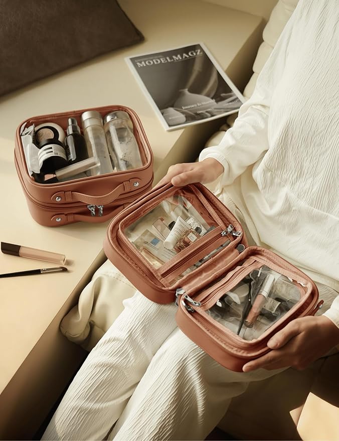 Oaque Clear Cosmetic Bag Double Layer Travel Toiletry Bag Clear Makeup Bag Case with 4 Compartments, Transparent Travel Bag for Toiletries, Large Toiletry Bag for Women Cosmetic Case (Brown, Small)