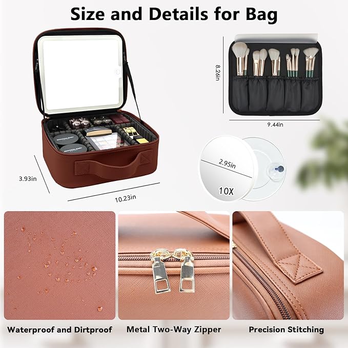 SLUMAZI Travel Makeup Bag with LED Mirror and 10x magnifying glass with 3 Lighted Settings, Adjustable Dividers and Makeup Brush Storage Bag Dark Brown