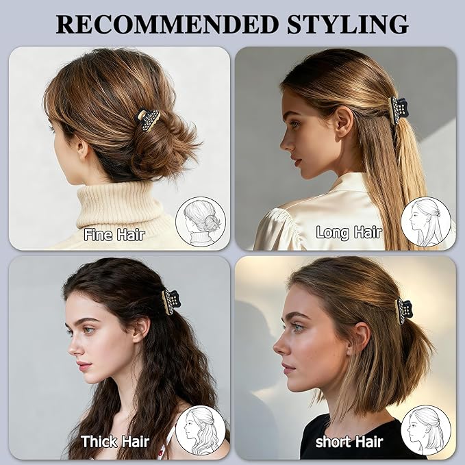 18K Gold Plated Small Claw Clips - 1.7 Inch Cute Rhinestone Hair Clips for Women Girls Thick Thin Hair, Premium French Hair Accessories for Half-Up, Birthday Valentine's Gift for Her, Black