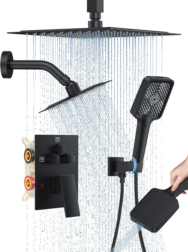 Shower Faucet Set, 10" Ceiling Mount Rainfall Shower System with 10'' Top Head+6'' Side Head and Multi-function Handheld Head Push Button Diverter Shower Faucet Trim Kit Matte Black