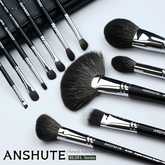 Anshute 12-Piece Professional Natural Goat Hair Makeup Brush Set with Travel-Ready Makeup Brush Organizer - 5 Face & 7 Eye Brushes. Super Soft Bristles, Variety of Brushes. Labled Brush Handle