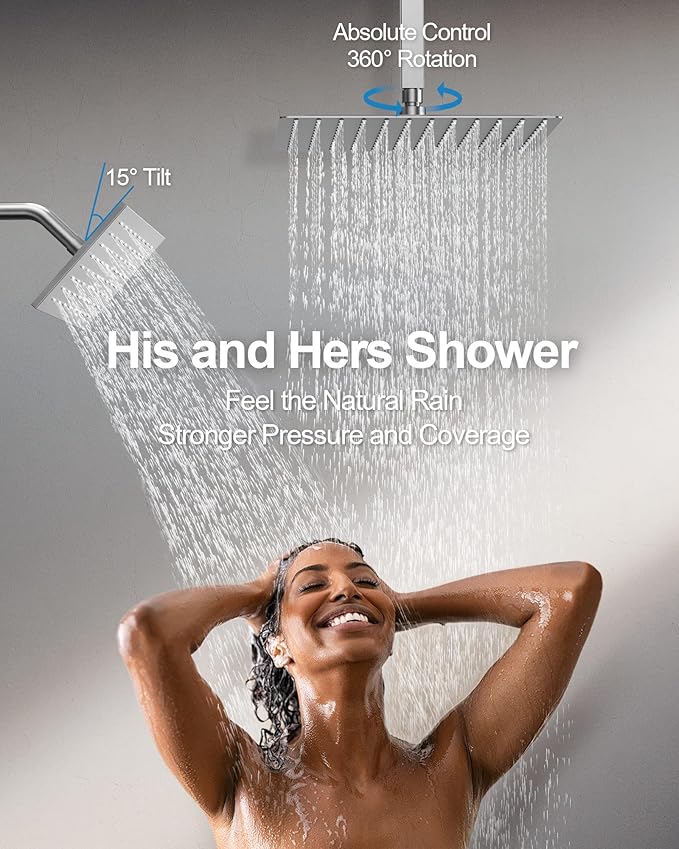 GRANDJOY Thermostatic Shower System, Dual Rainfall Shower Heads for Ceilling & Wall Mounted with Handheld Sprayer, Brushed Nickel
