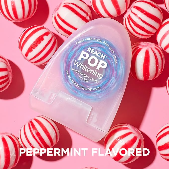 REACH POP Whitening Dental Floss, Peppermint, Baking Soda Infused, Teeth Whitening, Plaque Remover for Teeth, Shred Resistant, Vegan Wax, Cruelty Free, Oral Care, PFAS Free, 54.6 yd, 2 Pack