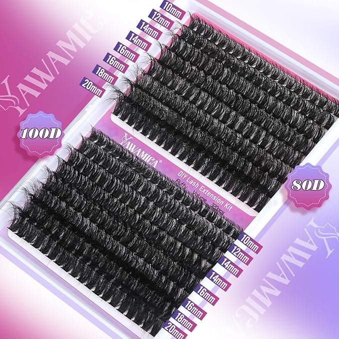 Fluffier Volume Lash Clusters 320pcs DIY Lash Extension 10-20mm D Curly Eyelash Clusters 80D+100D Wispy Individual Lashes Cluster Eyelash Extensions DIY Lash at Home by Yawamica