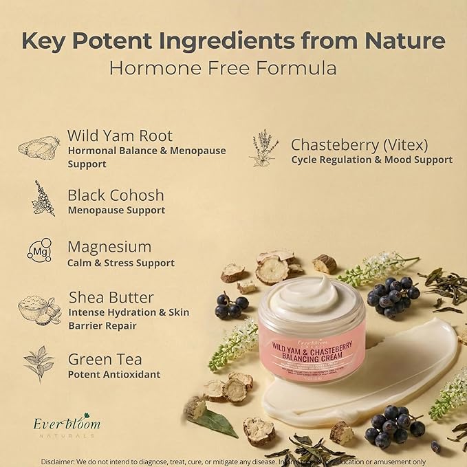 Everbloom Naturals Wild Yam & Chasteberry Balancing Cream, 4oz, with Black Cohosh, Shea Butter, Magnesium & Green Tee, Women Health and Sleep Support