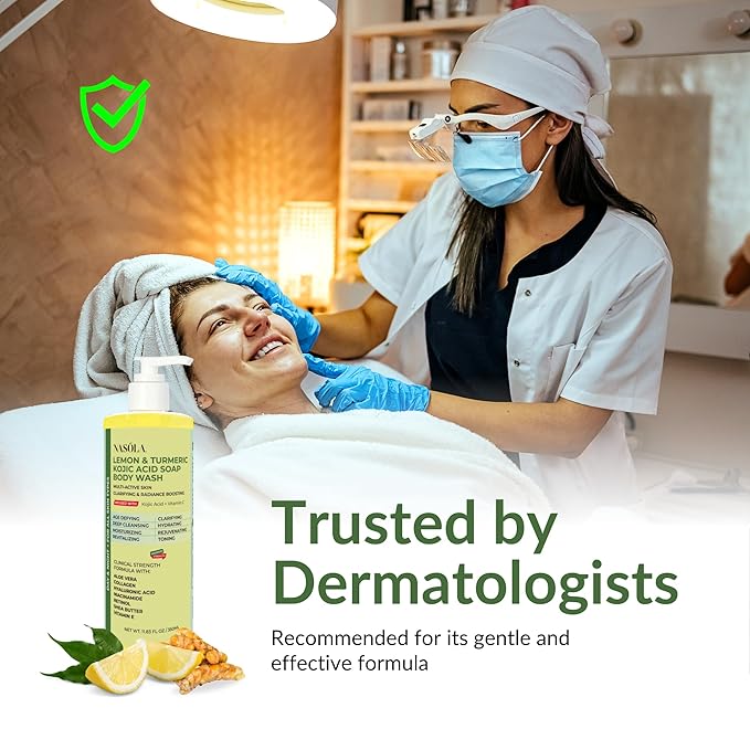 Nasola Lemon Turmeric Kojic Acid Soap Body Wash - Natural Gentle Face & Skin Cleanser with Vitamin C, Shea Butter, Collagen, Niacinamide, Hyaluronic Acid, and Aloe Vera - 11.83 Fl Oz