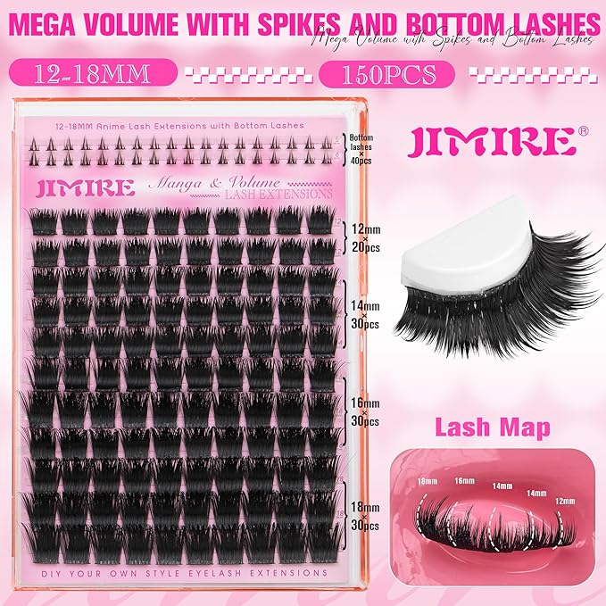 JIMIRE Lash Clusters Kit 12-18MM D Curly Lash Extension Kit Volume Cluster Eyelash Extension Kit with Lash Bond and Seal Spiky Volume Eyelash Clusters with Bottom Lash Clusters