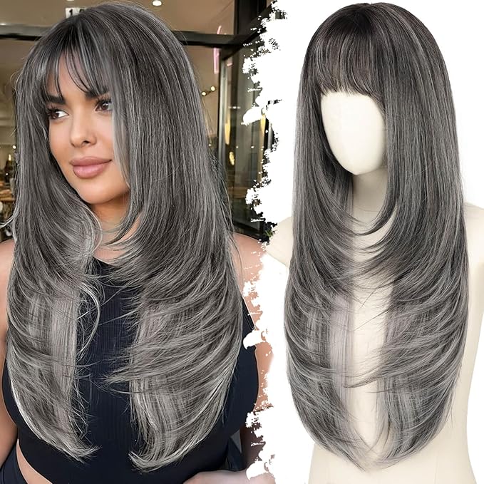 Long Black mix White Wig with Bangs for Women,4x4 Realistic Scalp,Free Parting,Layered Hairstyle Synthetic Heat Resistant for Daily Party Use 26 inch