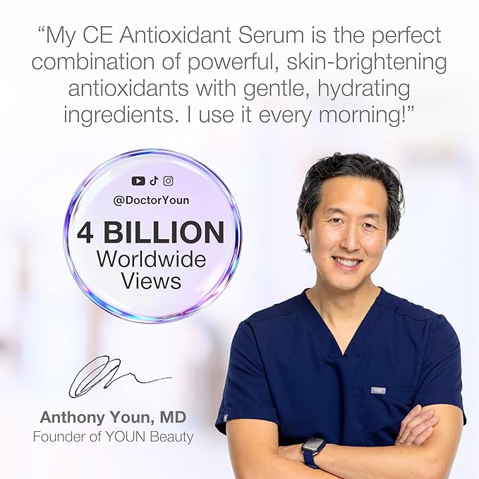 YOUN Beauty 20% Vitamin C Face Serum with Hyaluronic Acid, Ferulic Acid & Vitamin E by Holistic Plastic Surgeon Dr. Anthony Youn | Antioxidant Serum for Face for Skin Hydration, 60 ml