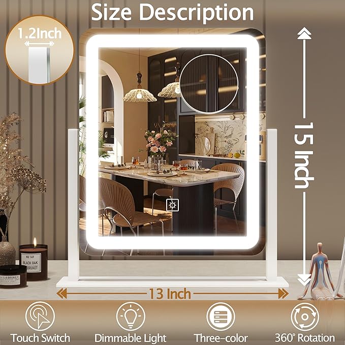 HNV Vanity Mirror with Lights – 15"x13" Large Makeup Mirror with Light, 3-Color Dimmable LED, Touch Screen, 360° Rotation, Tabletop Vanity Mirror for Bedroom or Desk (White)