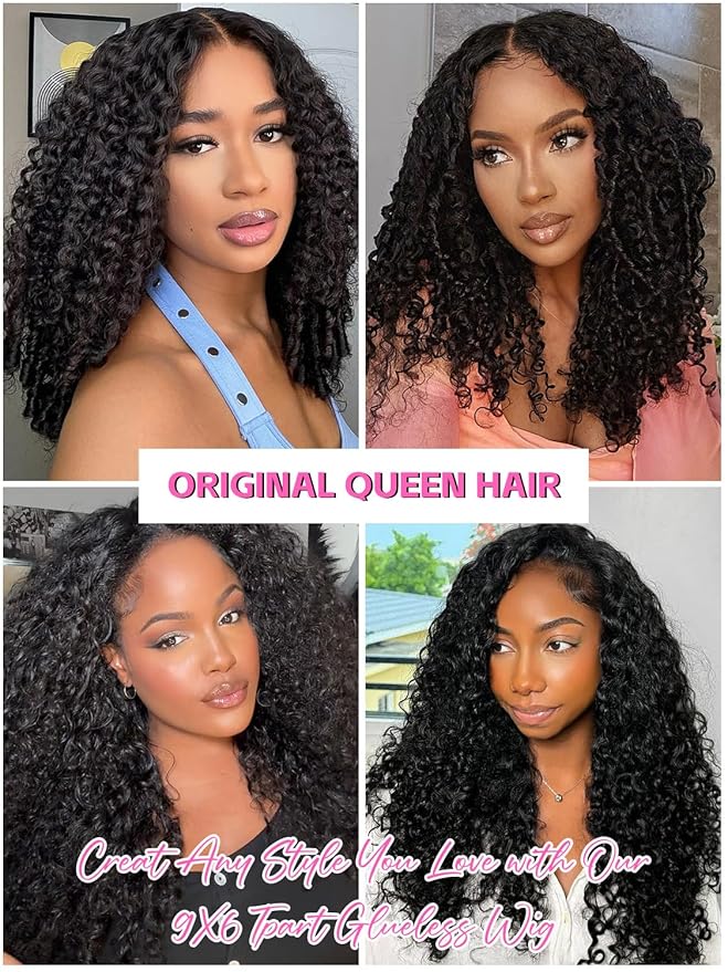 ORIGINAL QUEEN Burmese Curly Wear and Go Glueless Wig Human Hair Curly Texture with Finger Coil Ends Upgrade 9X6 T Part Pre Cut Lace Flip Over Beginner Friendly with Drawstring 180% Density 22 Inch