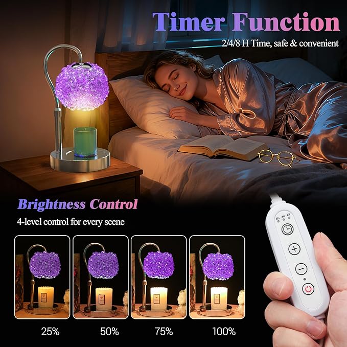 Luxury Candle Warmer Lamp with Crystal Gemstone Shade & Color-Changing Premium Base - Adjustable LED Wax Melt Warmer for Home Decor (Purple)